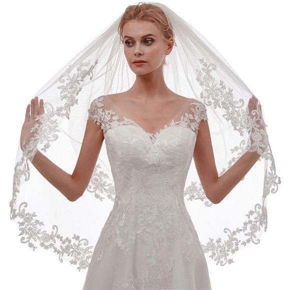 Women\'s Short 2 Tier Lace Wedding Bridal Veil With Comb L24 main image 7